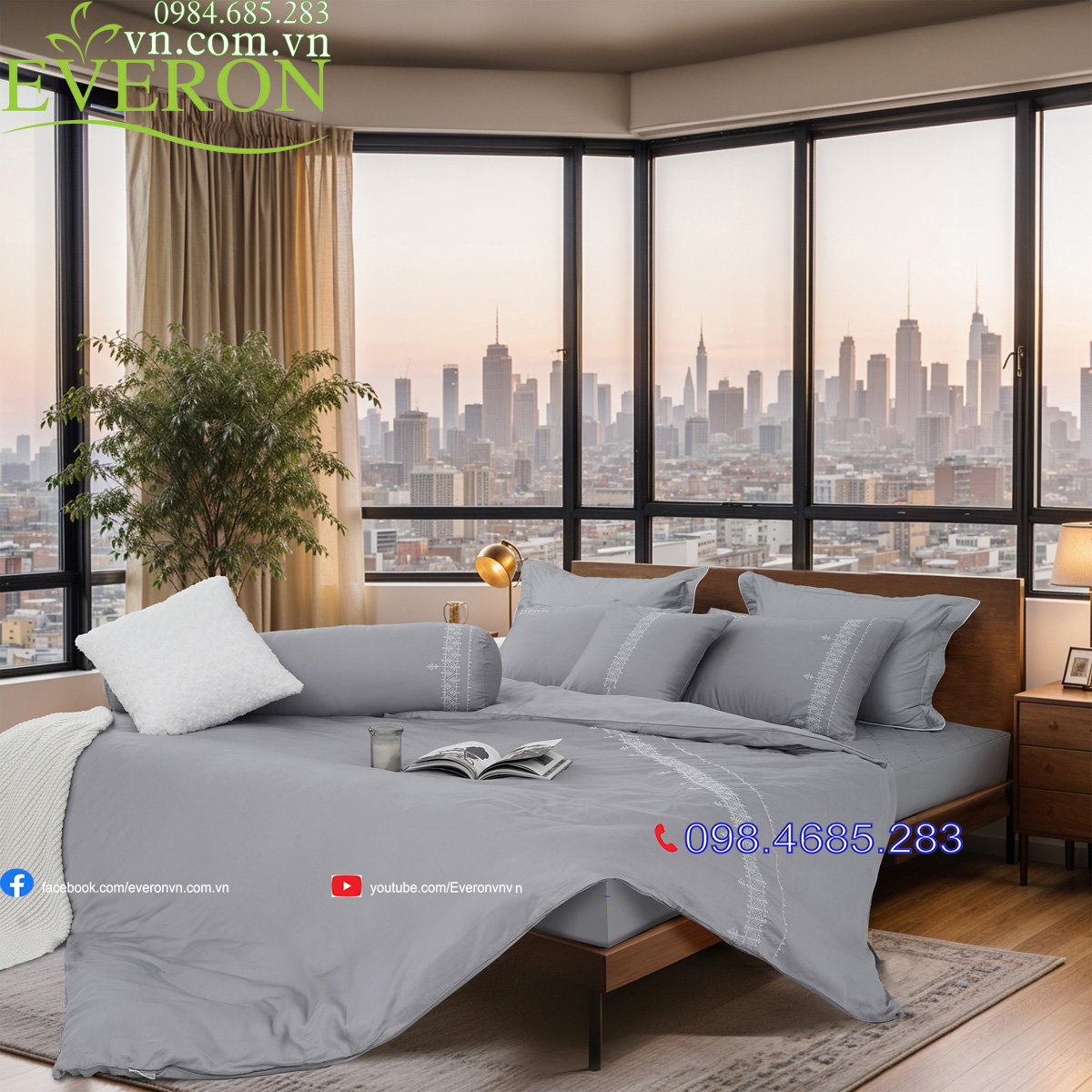 Hướng Dẫn Mua Chăn Ga Gối Nệm Cho Gia Đình: Lựa Chọn Hoàn Hảo Cho Giấc Ngủ 3 Bộ chăn ga gối Everon EST 25024 màu xám chất liệu vải Tencel